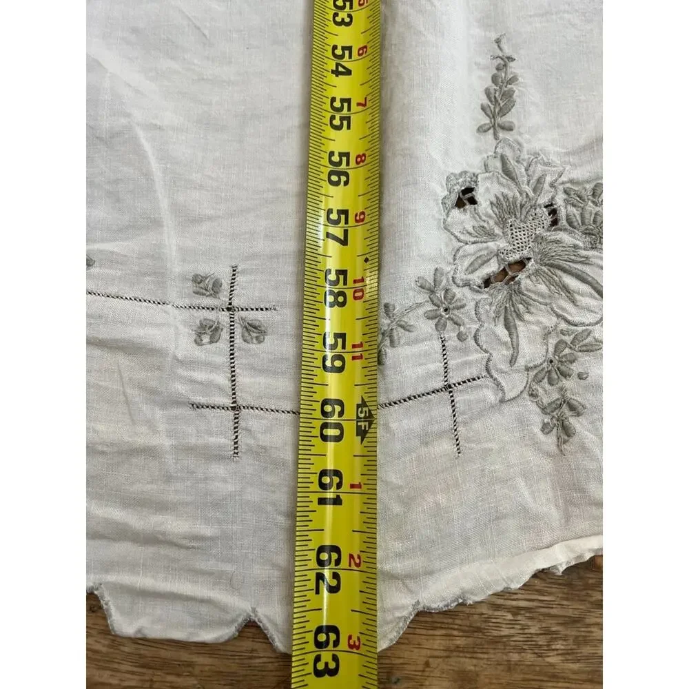 Vintage Hand Embroidery Floral Linen Tablecloth Ivory Rectangular 98